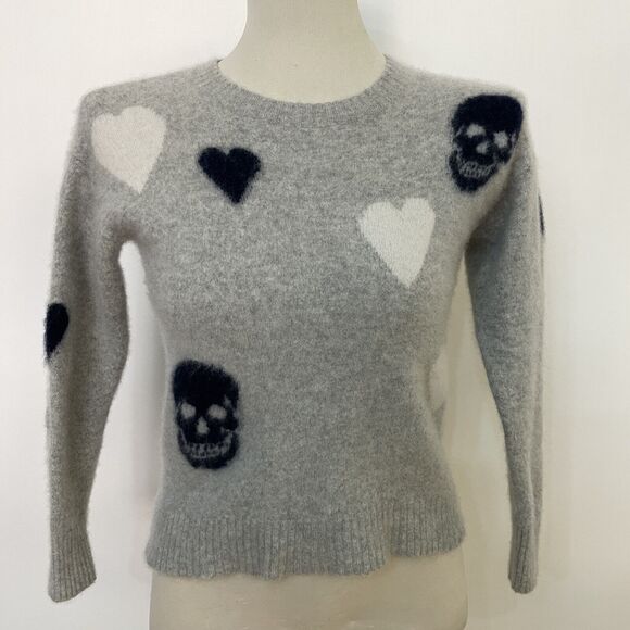 Skull Cashmere 100% Women's Crewneck Sweater X-Small XS Light Gray Blue Hearts - Picture 1 of 10